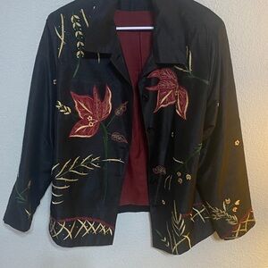Vintage Silk Embroidered Floral Black Jacket with Burgundy Lining